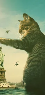 Giant cat with Statue of Liberty and city in the background.