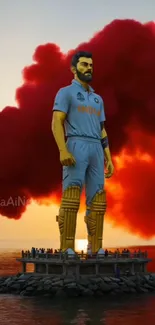 Giant cricketer sculpture at sunset with red sky.