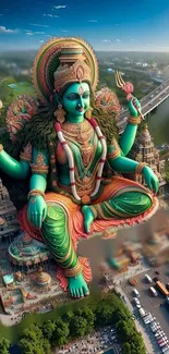 Majestic green deity overlooking a temple cityscape with vibrant details.