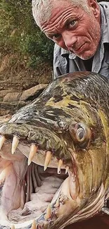 Man holds large fish over water, displaying sharp teeth.