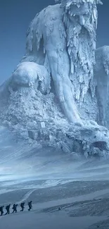 A breathtaking ice giant sculpture towering over hikers in a snowy landscape.