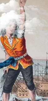 Illustration of a giant pirate with ships on the sea, in historic style.