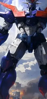 Colossal futuristic robot under a cloudy sky in epic battle stance.