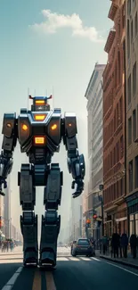 Giant robot towers in a bustling city street, blending tech and urban life.