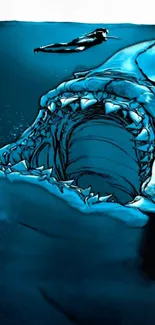 Artistic depiction of a giant shark in deep blue water.