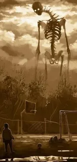 Illustration of a giant skeleton in a sepia-toned landscape.