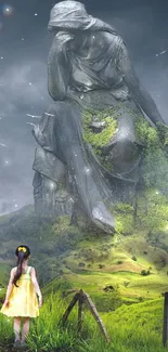 Fantasy landscape with giant stone statue in lush hills.