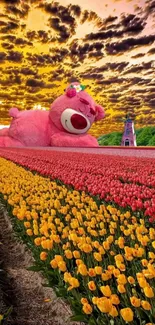 A giant pink teddy bear in colorful tulip fields under a dramatic sky.