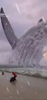 Whale breaching through stormy ocean waves in dramatic scene.