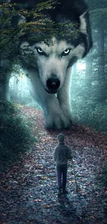 Child on path with giant wolf in mystical forest.