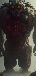 Gigantic mechanical monster with glowing red eyes on a dark background.