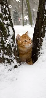 Ginger cat nestled between snow-covered trees, creating a cozy winter scene.