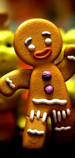 Playful gingerbread character with holiday background.