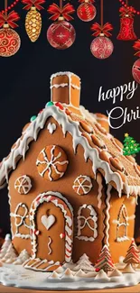 Gingerbread house with festive Christmas decorations.