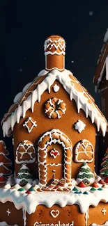 Gingerbread house with icing details and festive holiday decorations.