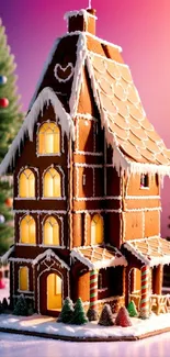 Festive gingerbread house with glowing lights and colorful holiday background.