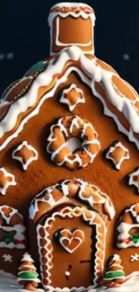 Gingerbread house with icing and festive decorations.