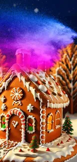 Gingerbread house with snowy trees and colorful smoke in a magical winter setting.