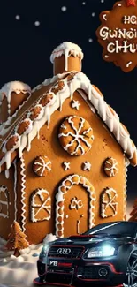 Mobile wallpaper featuring a gingerbread house and a luxury car in holiday setting.