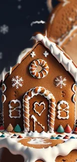 Gingerbread house with icing and candy decorations on a festive background.