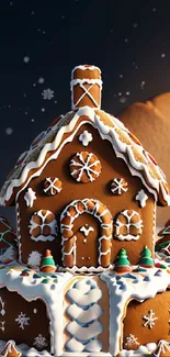 Mobile wallpaper featuring a gingerbread house with snowflakes on a winter background.