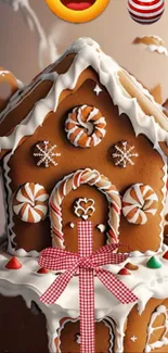 A cozy gingerbread house with candy decorations and cute details for holiday cheer.