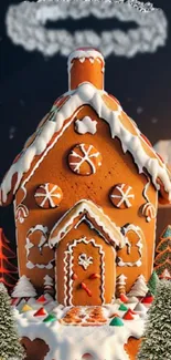 Charming gingerbread house with festive decorations in a winter setting.