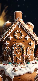 Festive gingerbread house with icing and decorations.