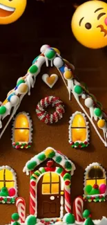 Colorful gingerbread house with emojis and candy decorations.