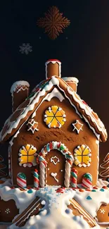 Festive gingerbread house with icing details, perfect for holiday wallpaper.