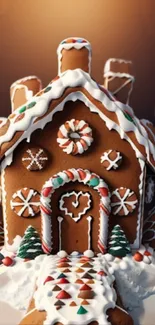 Festive gingerbread house with icing and candy decorations on a cozy background.