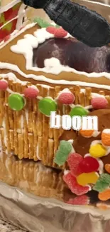 Gingerbread house decorated with colorful candies and pretzels.