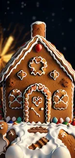 Festive gingerbread house with Christmas decorations.