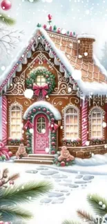 Charming gingerbread house with winter snow and festive decoration.