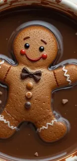 Gingerbread man floating in chocolate pool, creating a festive holiday scene.