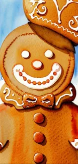 Gingerbread man in vibrant seasonal design with blue and brown tones.