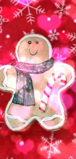 Gingerbread man with candy cane on red snowflake background.