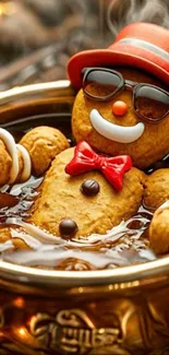 Gingerbread man in hot chocolate with sunglasses and red hat.