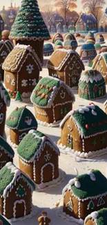 Festive gingerbread village with snowy rooftops and holiday decorations.