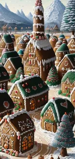 Gingerbread village with snowy mountains and festive decorations.