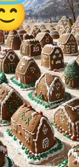 Charming gingerbread village with snowy rooftops and festive decorations.