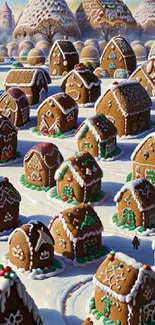 Charming gingerbread village with snow and candy decorations on a mobile wallpaper.