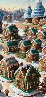 Festive gingerbread village with decorated houses and snow.