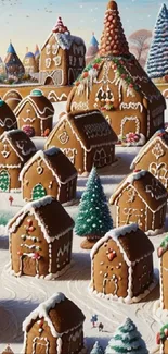 Gingerbread village scene with colorful houses and snowy decorations.