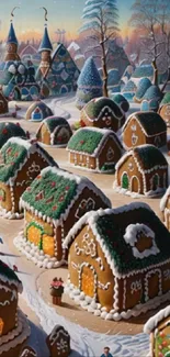 Gingerbread village with snow-covered cookie houses in a winter scene.