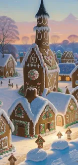 Gingerbread village with snow-covered roofs and festive winter decorations.