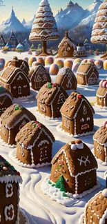 Gingerbread village with snowy mountains and colorful candy decor.