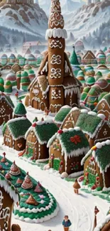 Gingerbread village with snow-covered rooftops and candy decorations in a winter scene.