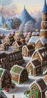 Charming gingerbread village under a snowy winter sky with colorful decorations.