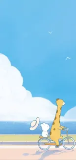 Giraffe and bear riding a bicycle by the sea with a blue sky backdrop.